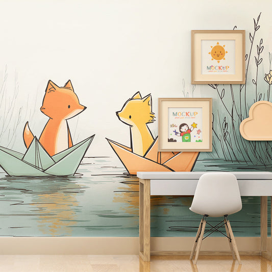 Kids-Mundo fox wall mural made to measure on a feature wall in a kids bedroom