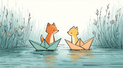 Kids-Mundo flat artwork of two foxes sitting in paper boats on a misty pond surrounded by reeds