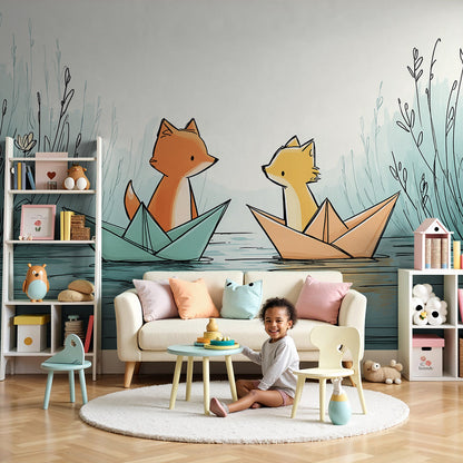 Kids-Mundo fox paper boats wall mural behind a cot in a soft, calming nursery