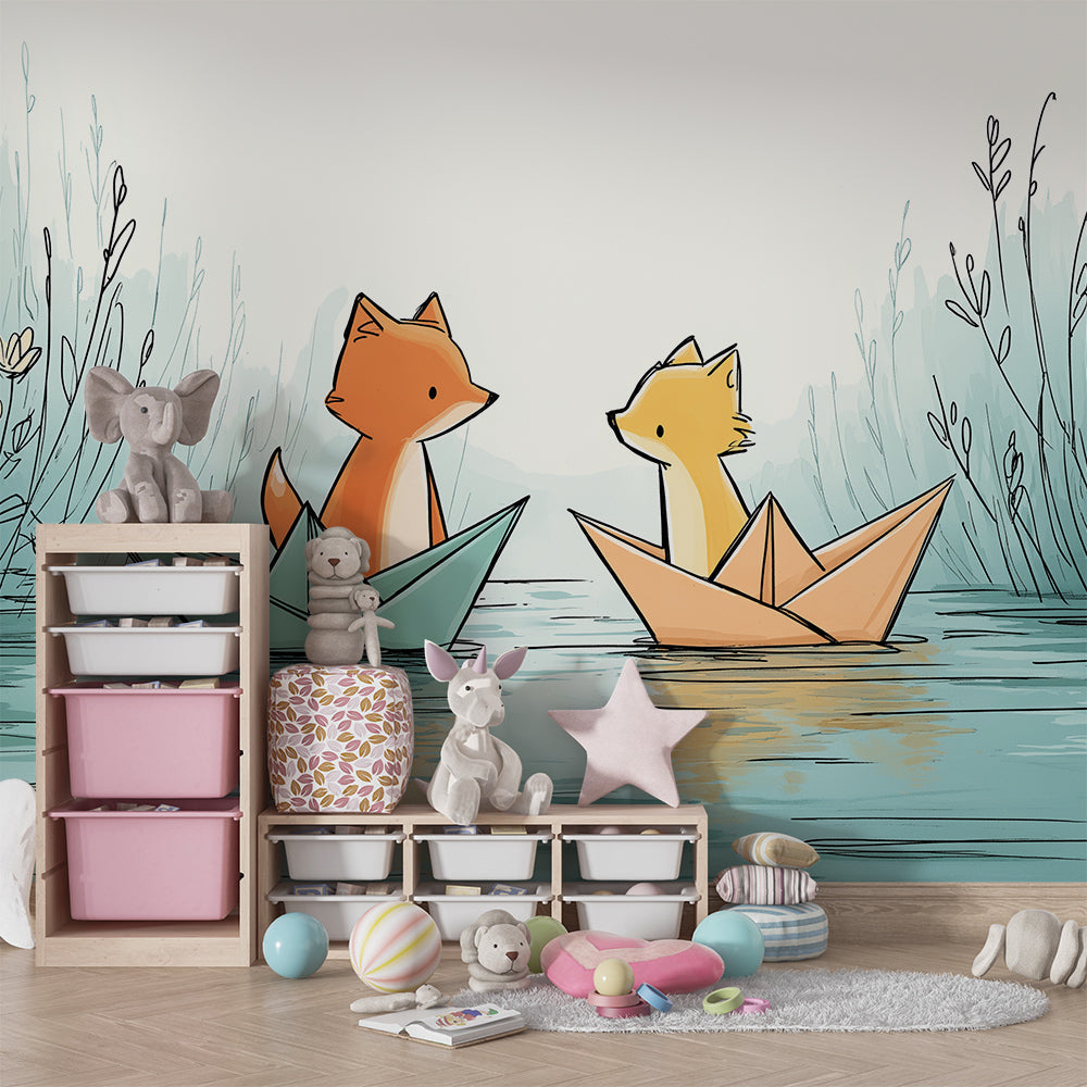 Kids-Mundo fox and paper boat wall mural bringing a dreamy pond scene to a playroom wall