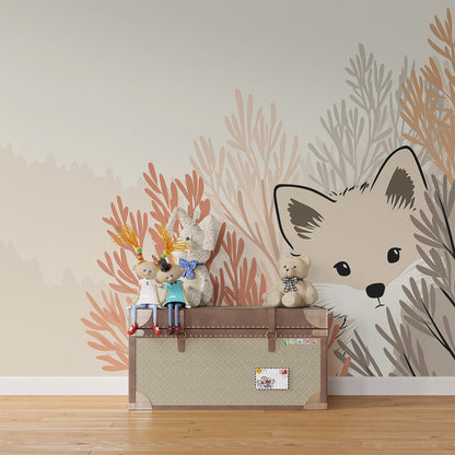 Kids-Mundo fox wall mural brightening a playroom wall with gentle autumn colours
