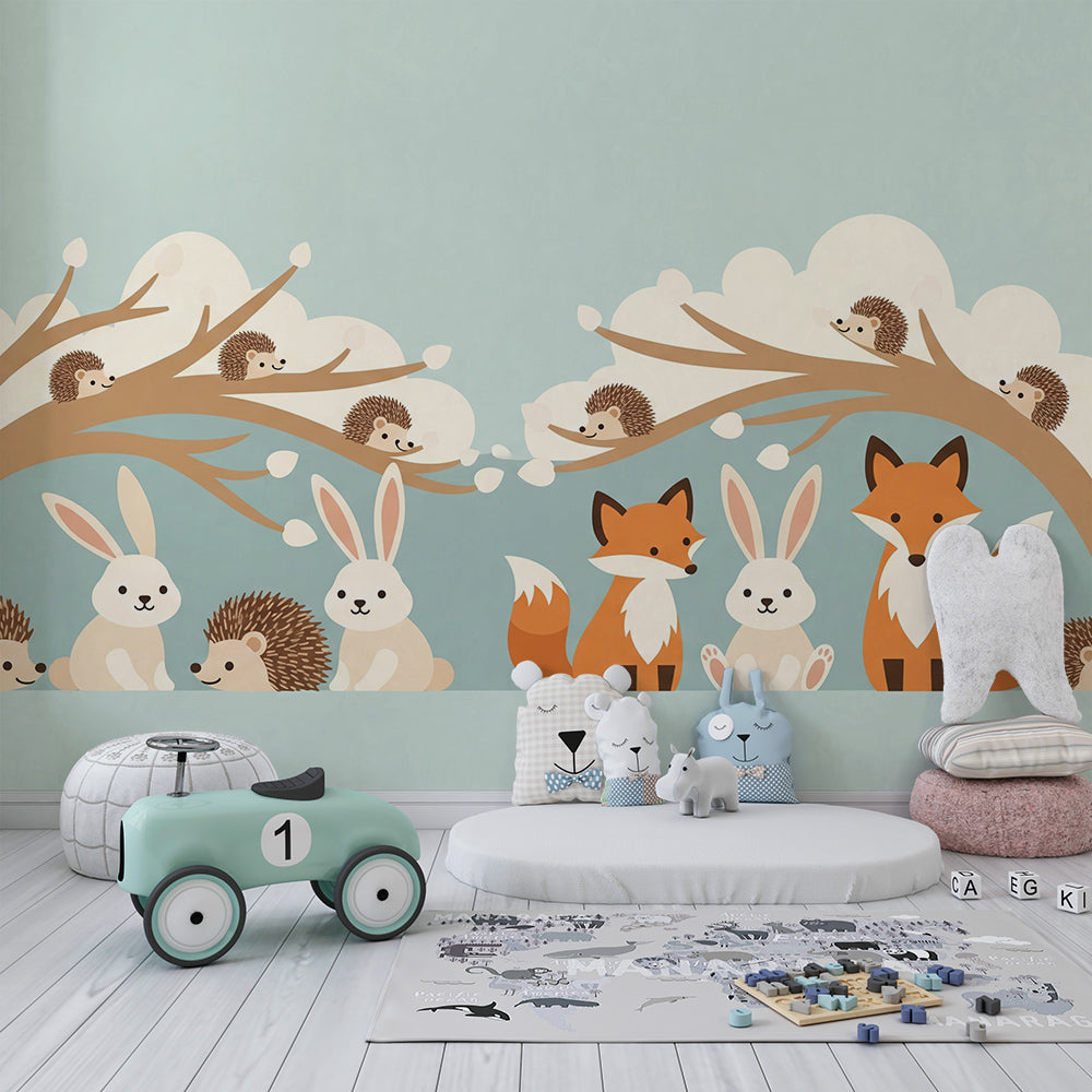 Kids-Mundo woodland archway wall mural with fox and rabbit in a child's bedroom