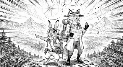 Kids-Mundo flat artwork preview of the black-and-white fox and rabbit mountain adventure wall mural design.