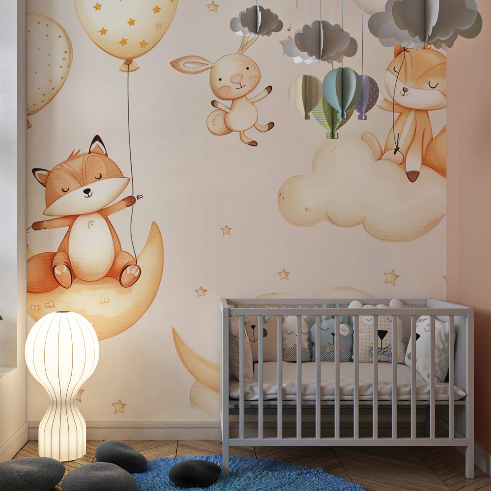 Dreamy sky mural wallpaper with foxes and rabbits on clouds perfect for peaceful baby room by Kids-Mundo