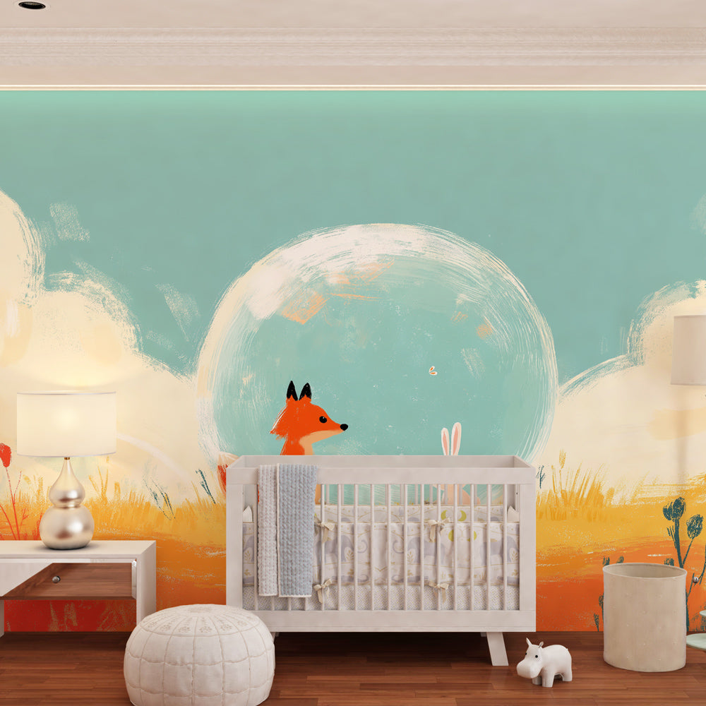 Woodland animal mural wallpaper in children's bedroom with warm orange and blue tones