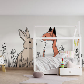 Woodland animals mural wallpaper with flowers in modern kids bedroom setting