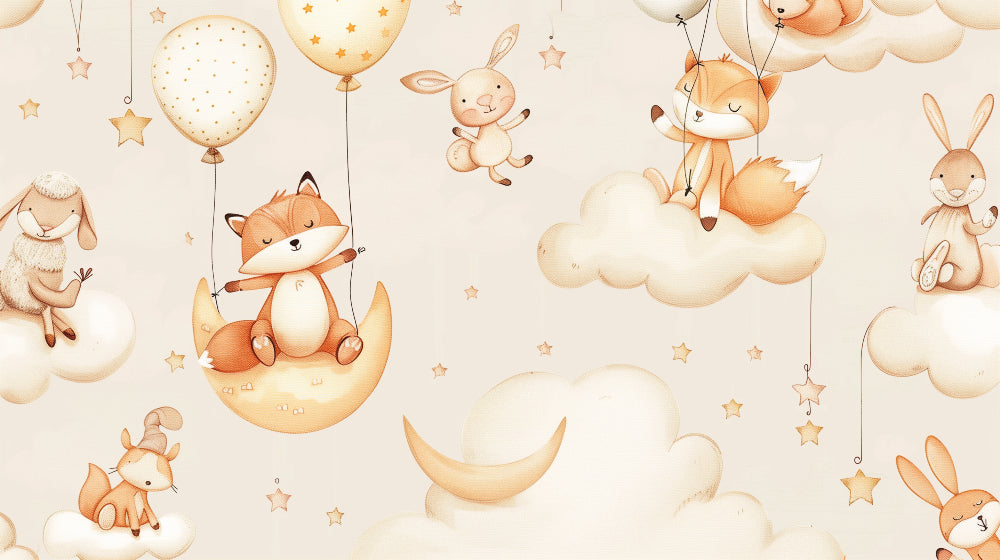 Detailed fox and rabbit mural wallpaper design pattern showing floating animals on clouds with golden stars