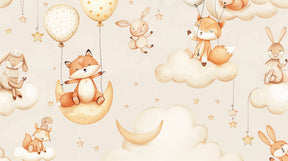 Detailed fox and rabbit mural wallpaper design pattern showing floating animals on clouds with golden stars
