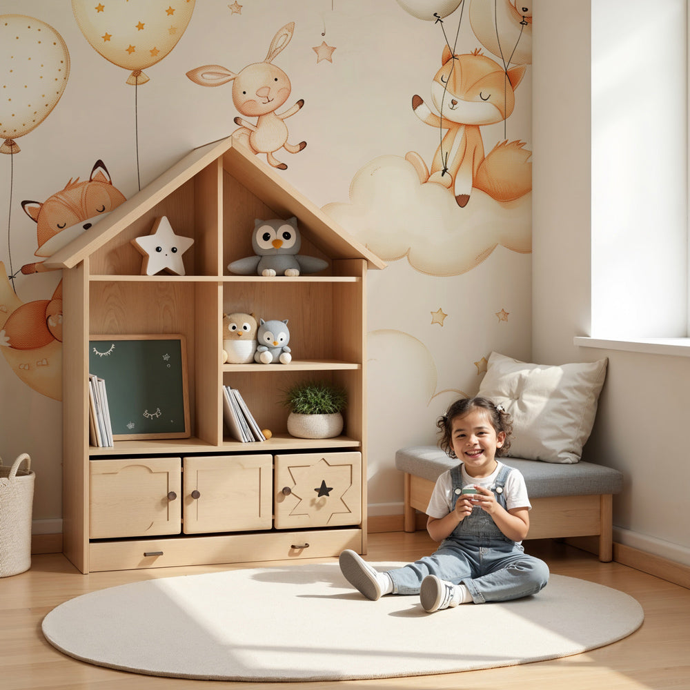 Fox and rabbit mural wallpaper creating dreamy nursery atmosphere with floating animals and stars by Kids-Mundo
