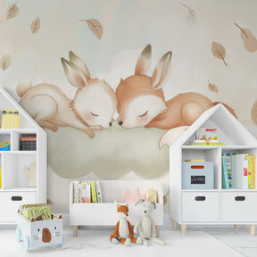 Dreamy fox and rabbit cloud wallpaper transforming children's playroom into magical space