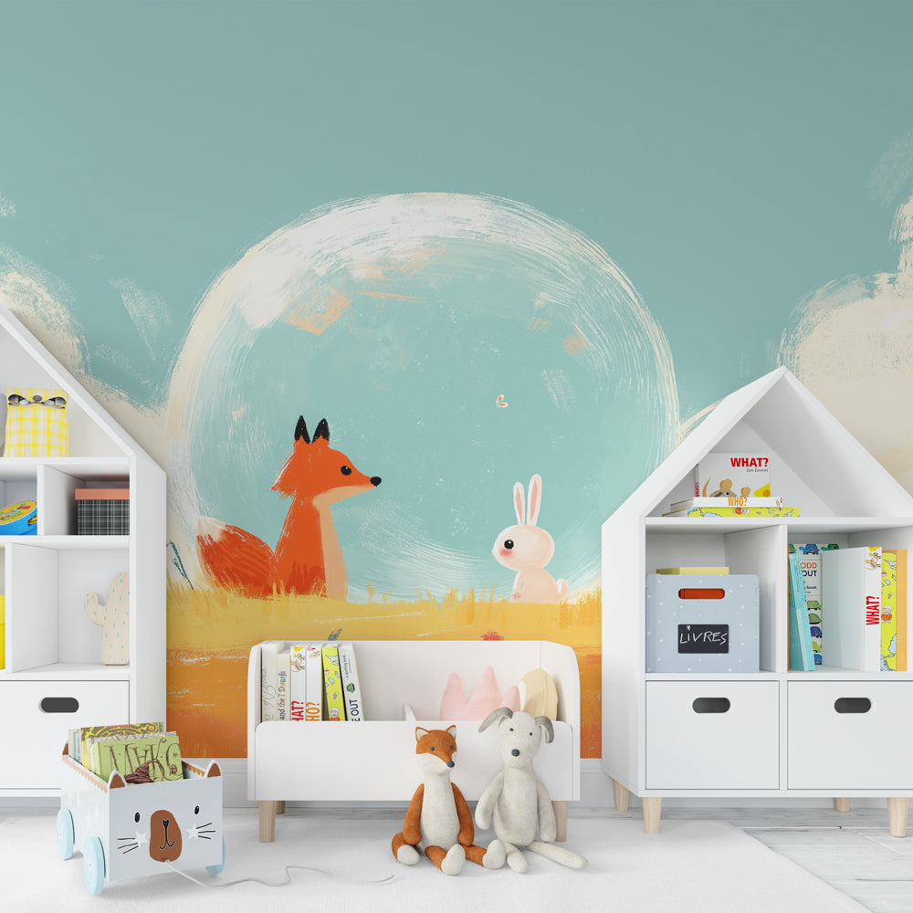 Fox rabbit meadow wallpaper transforming kids playroom into woodland adventure space