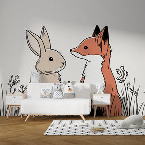 Gentle fox and rabbit wallpaper transforming children's playroom with nature theme