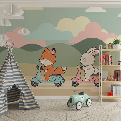 Kids-Mundo fox and rabbit scooter mural adding playful energy to a bright playroom wall.