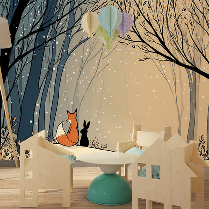 Kids-Mundo winter fox and rabbit wall mural covering a feature wall in a child's bedroom
