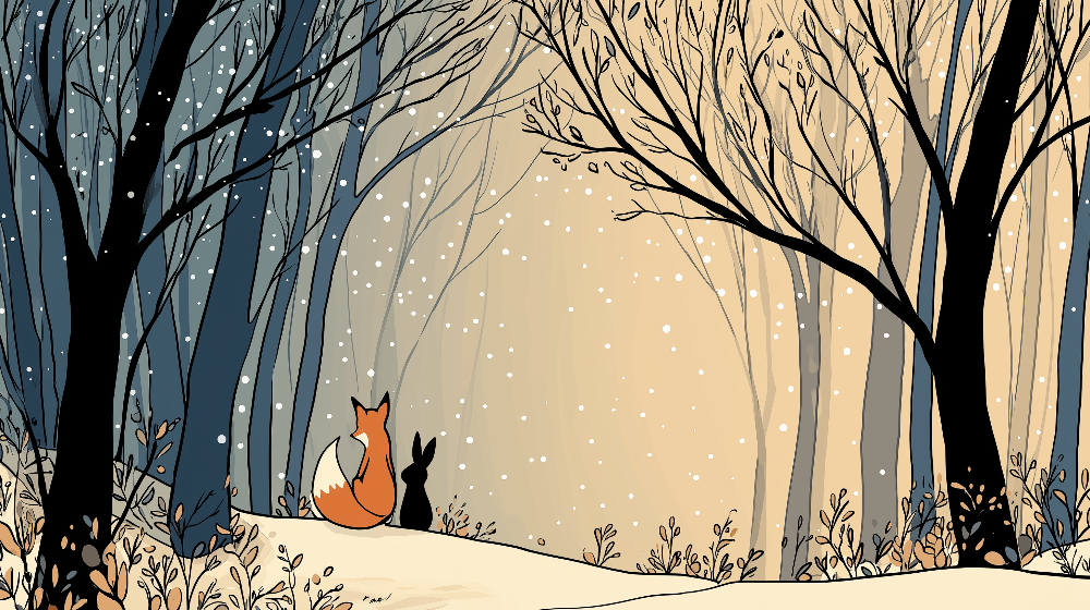 Fox and Rabbit in a Snowy Forest Wall Mural