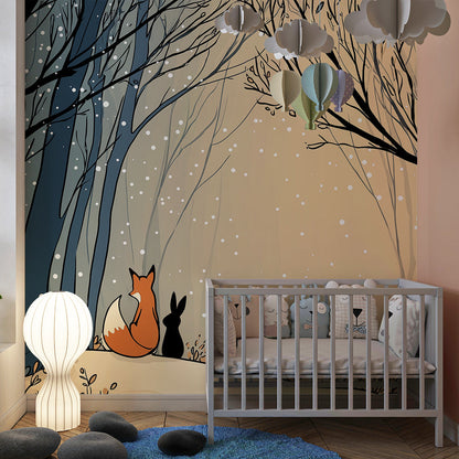 Kids-Mundo snowy forest fox and rabbit mural on a playroom wall behind a play tent