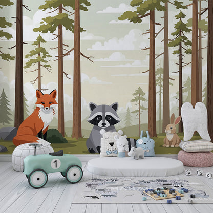 Kids-Mundo woodland animal wall mural with fox and raccoon in a kids bedroom