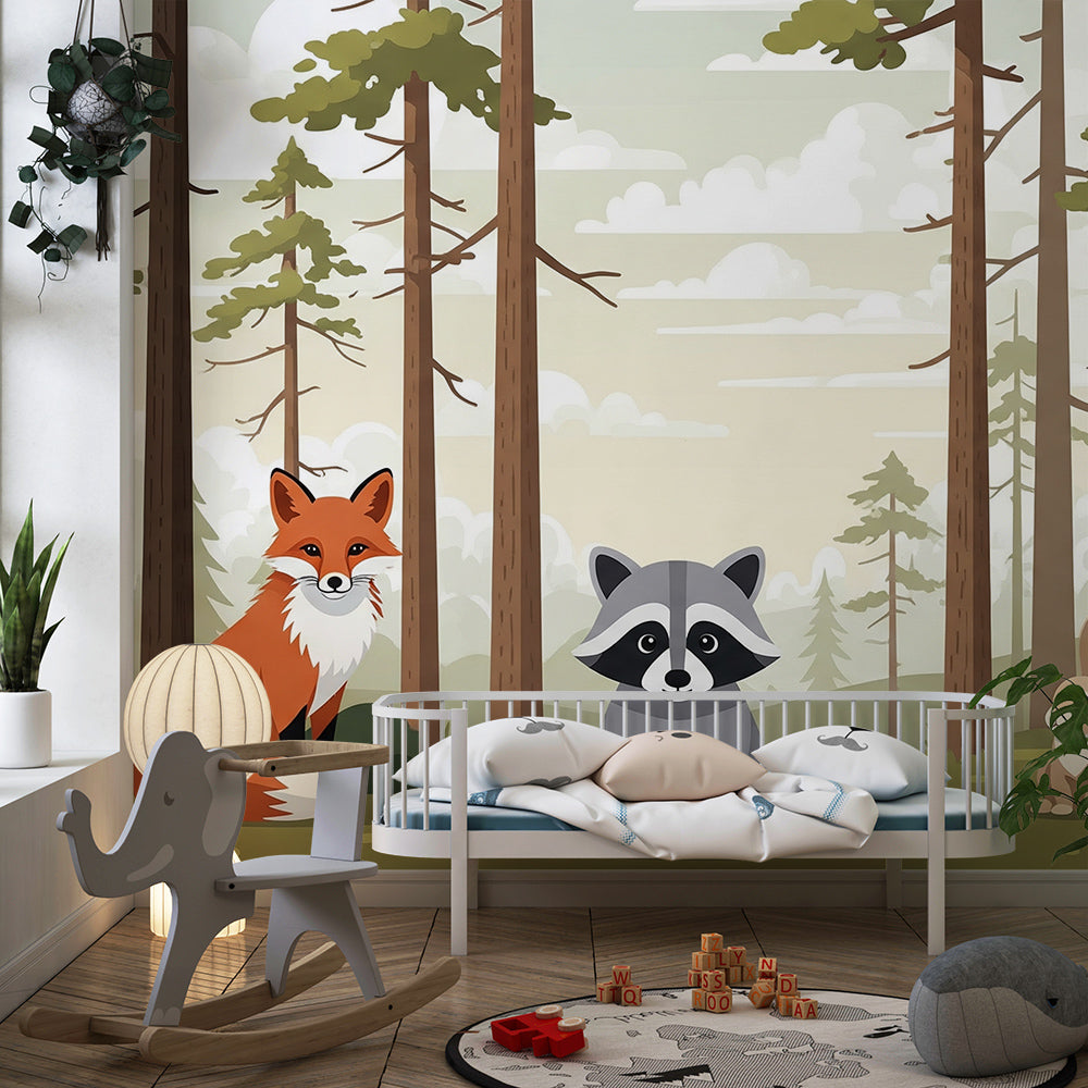 Kids-Mundo forest clearing mural with fox, raccoon and rabbit in a playroom