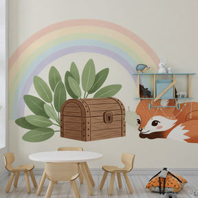 Cute fox and rainbow wallpaper creating magical atmosphere in children's bedroom