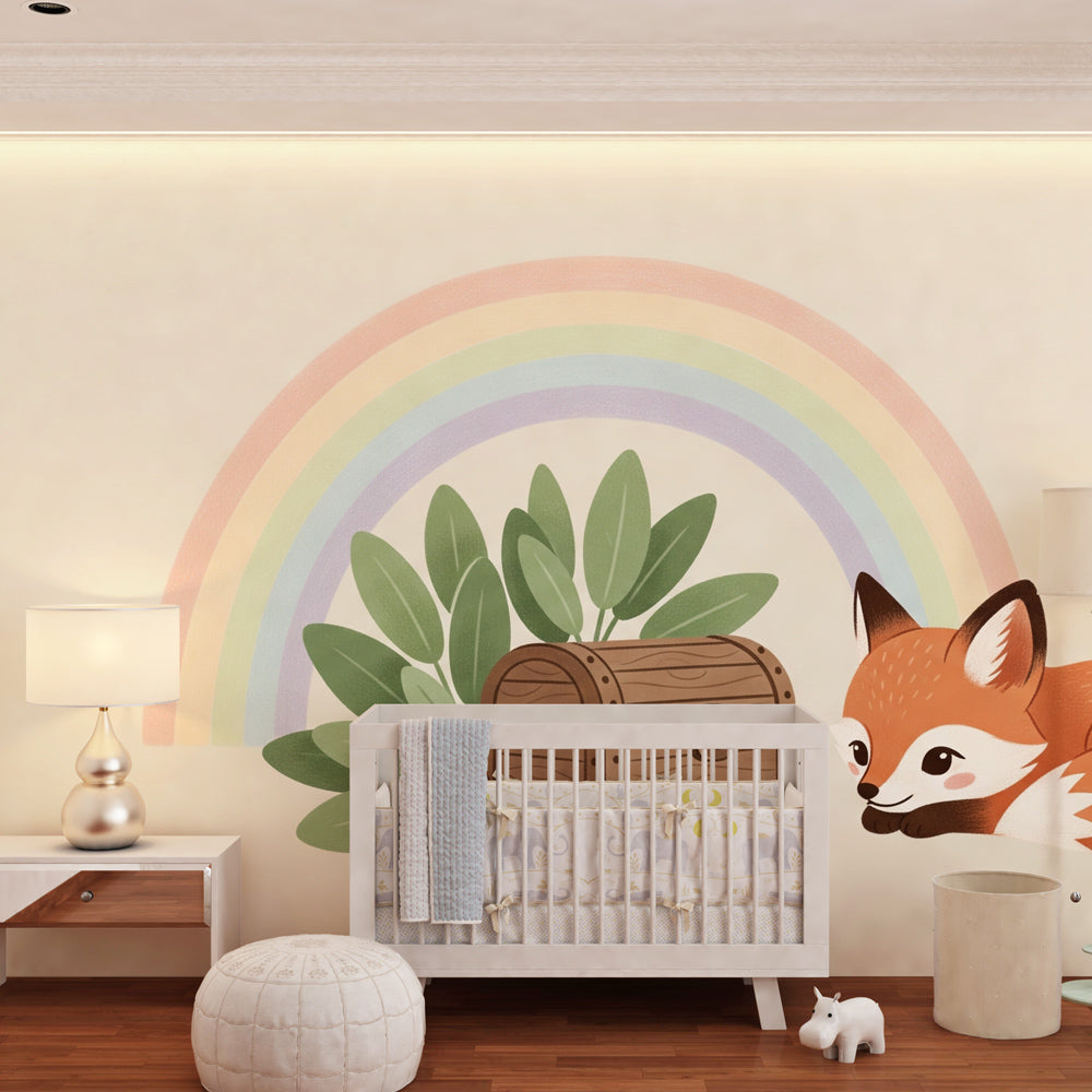 Baby nursery featuring fox rainbow mural wallpaper with soft beige tones and pastel colors