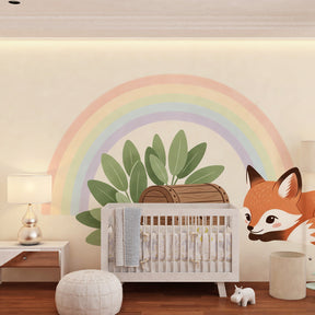 Baby nursery featuring fox rainbow mural wallpaper with soft beige tones and pastel colors
