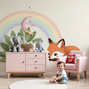 Fox rainbow mural wallpaper in modern baby nursery with wooden crib by Kids-Mundo