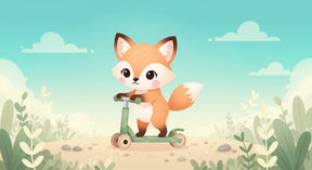Detailed fox scooter mural wallpaper design pattern showing woodland adventure theme by Kids-Mundo