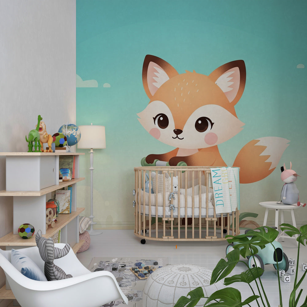 Charming fox on scooter wallpaper creating whimsical atmosphere in kids playroom setting