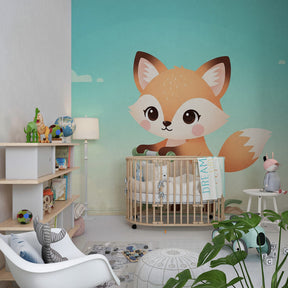 Charming fox on scooter wallpaper creating whimsical atmosphere in kids playroom setting