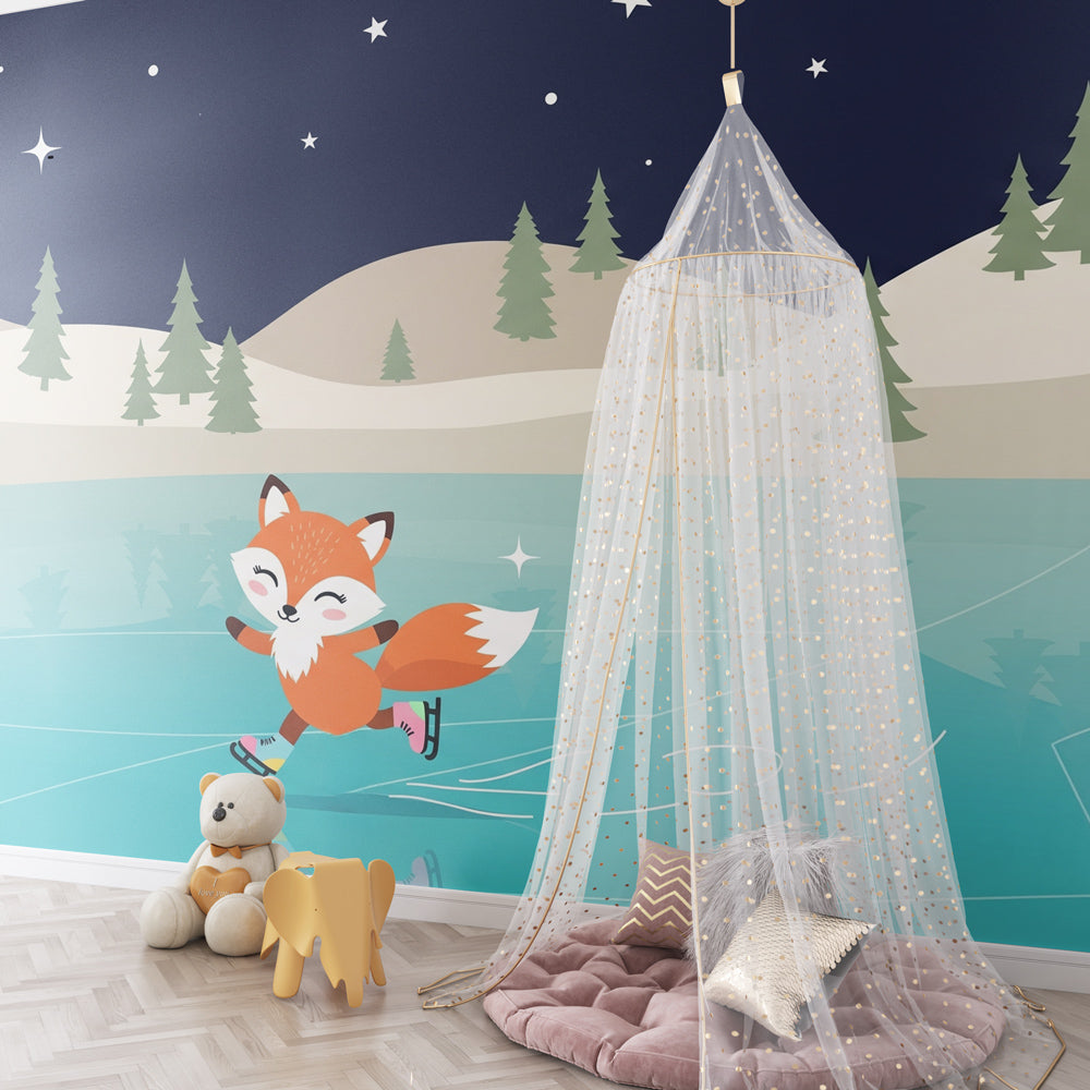 Winter fox skating wallpaper creating magical kids bedroom atmosphere with starlit sky