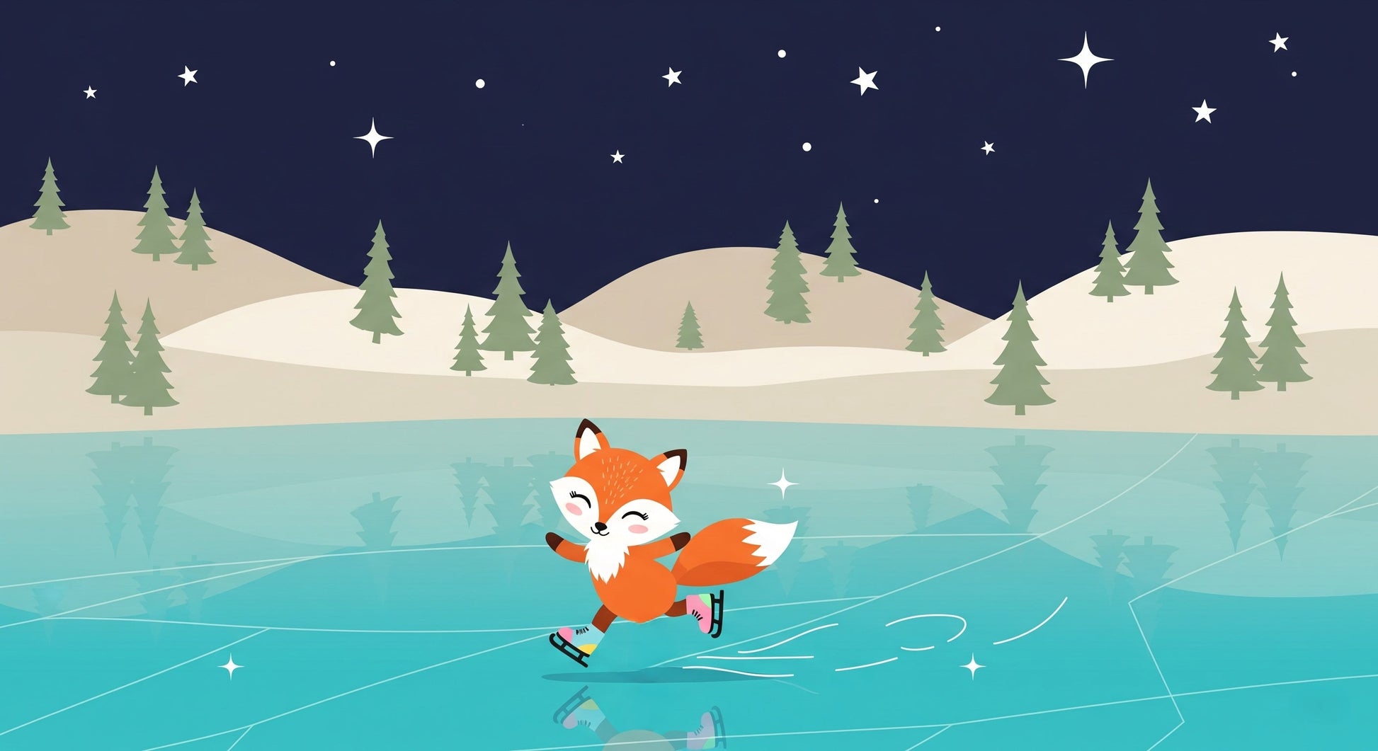 Detailed fox skating on frozen lake mural wallpaper design pattern by Kids-Mundo