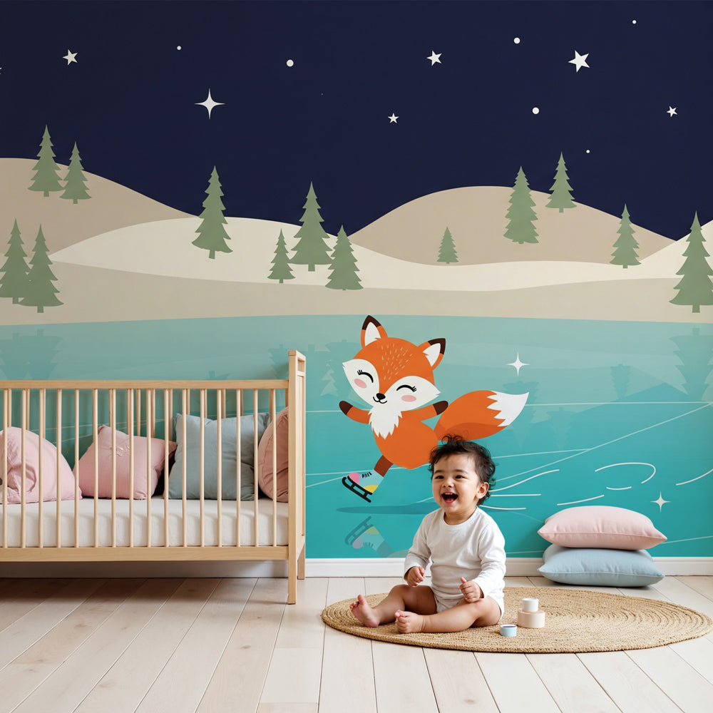 Fox skating mural wallpaper in cozy nursery with winter decor by Kids-Mundo