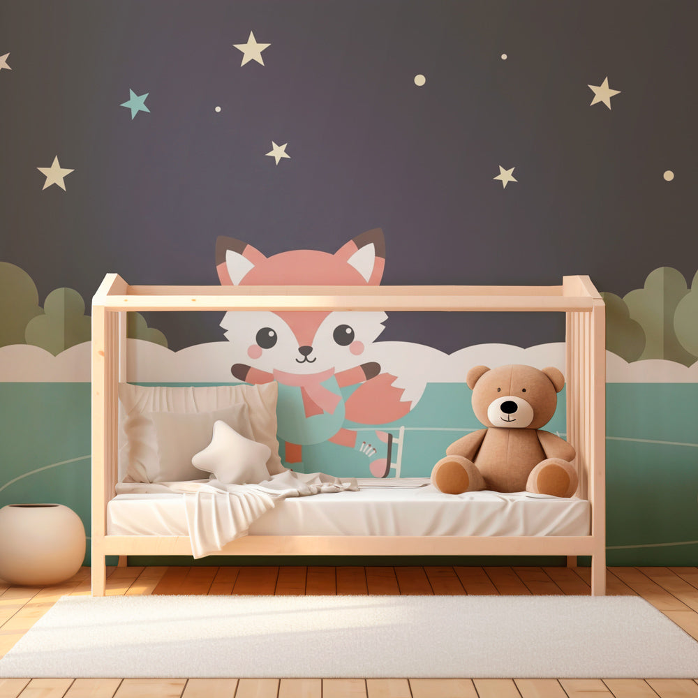 Starry night fox mural wallpaper transforming kids playroom into winter wonderland