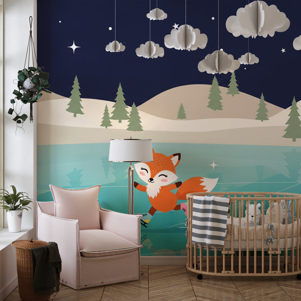 Charming fox skating mural wallpaper transforming children's playroom into winter wonderland