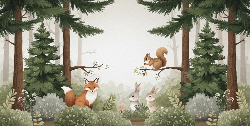 Fox, Squirrel and Rabbits Woodland Wall Mural
