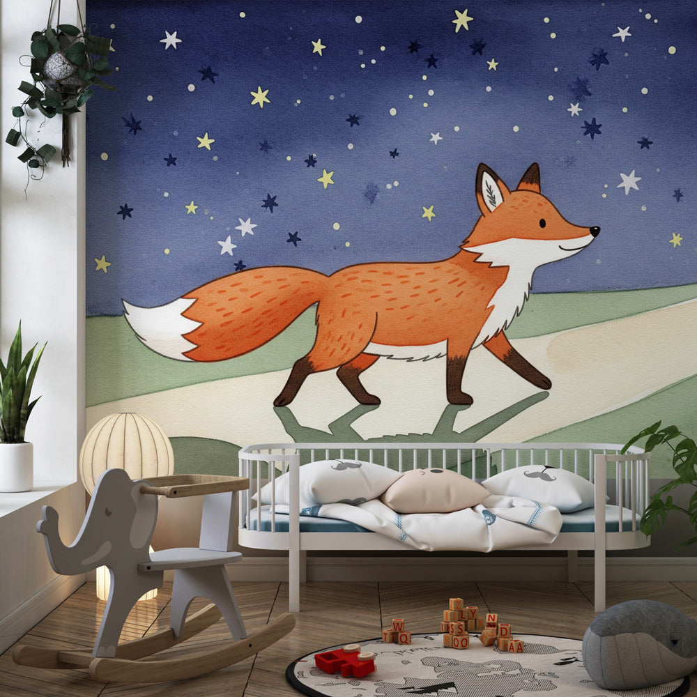 Starlit fox mural wallpaper creating dreamy forest scene in toddler bedroom by Kids-Mundo