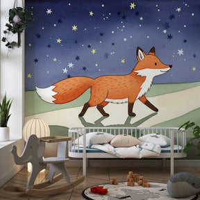 Starlit fox mural wallpaper creating dreamy forest scene in toddler bedroom by Kids-Mundo