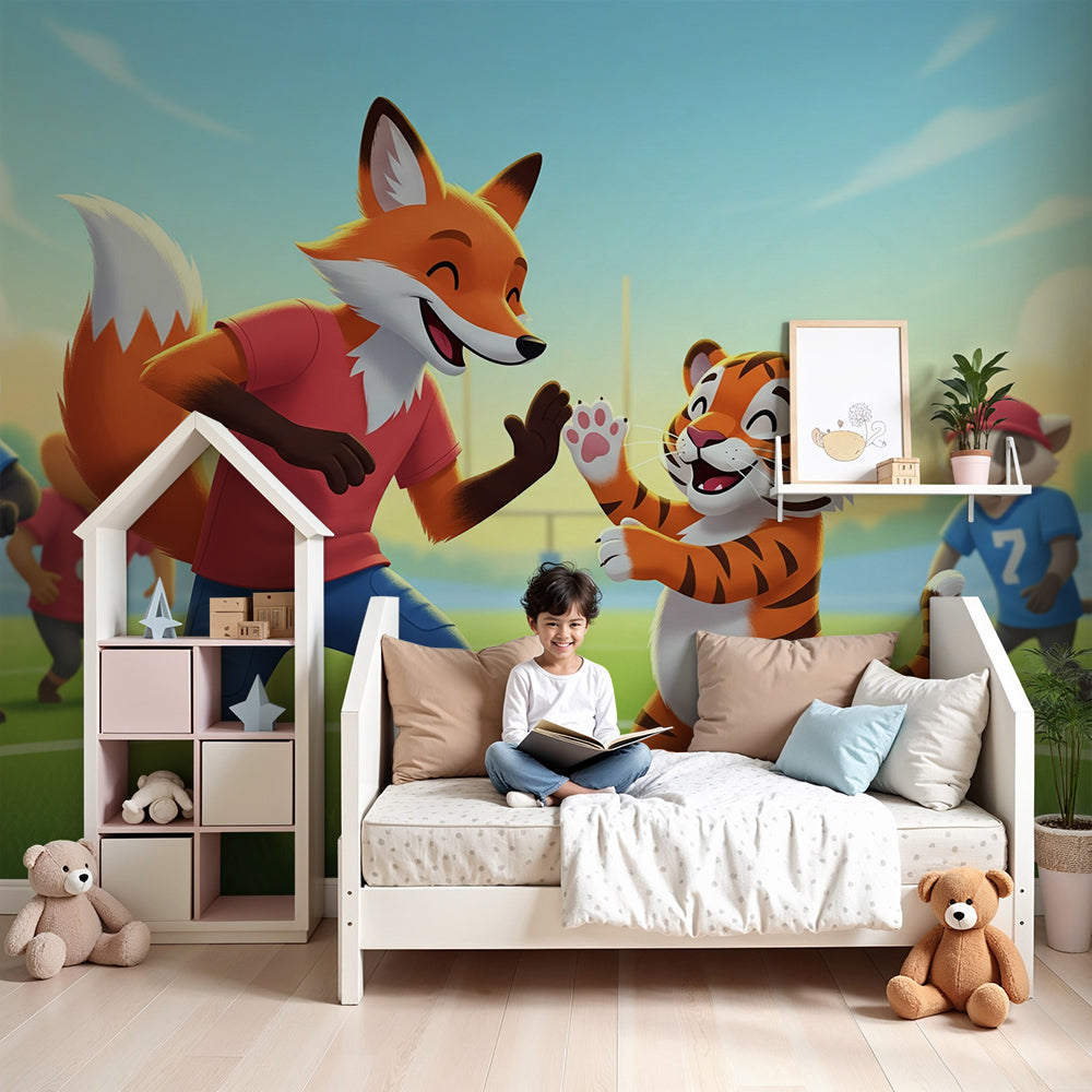Kids-Mundo fox and tiger high-five sports wall mural installed above a cot in a warm-toned nursery room.