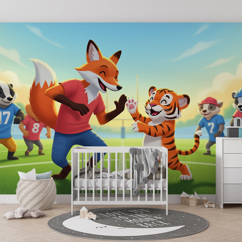 Kids-Mundo fox and tiger high-five wall mural styled behind sports toys and a bean bag in a playroom.