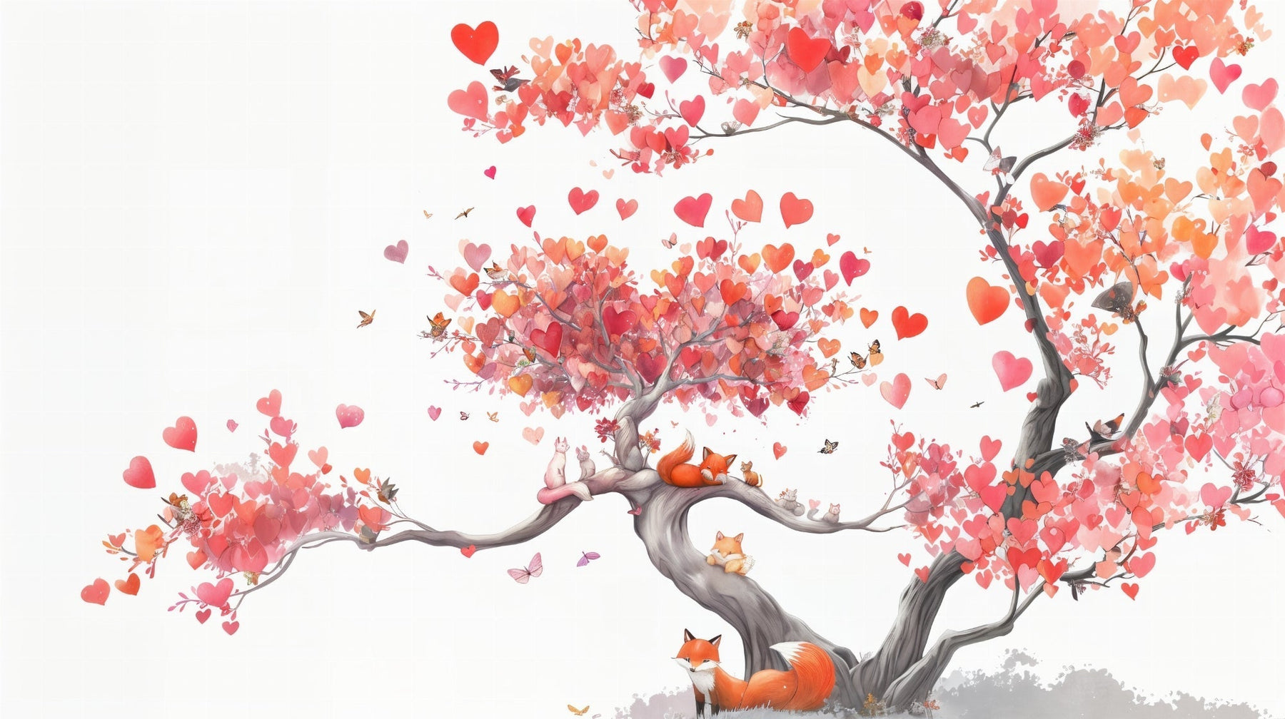 Detailed fox tree mural wallpaper design pattern with heart leaves and butterflies by Kids-Mundo