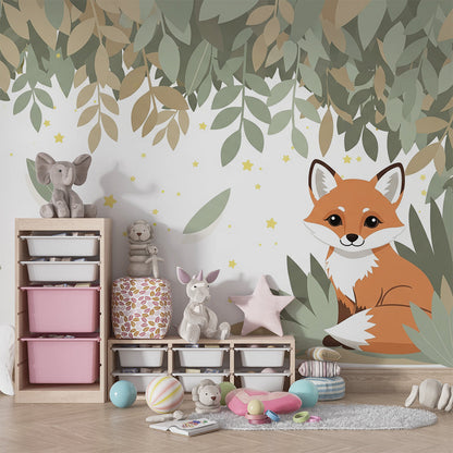 Kids-Mundo fox wall mural with leafy canopy and stars on a child's bedroom feature wall.