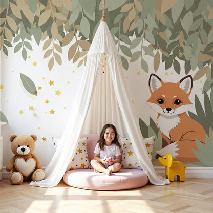 Kids-Mundo woodland fox wall mural with hanging leaves and gentle stars in a soft nursery room.