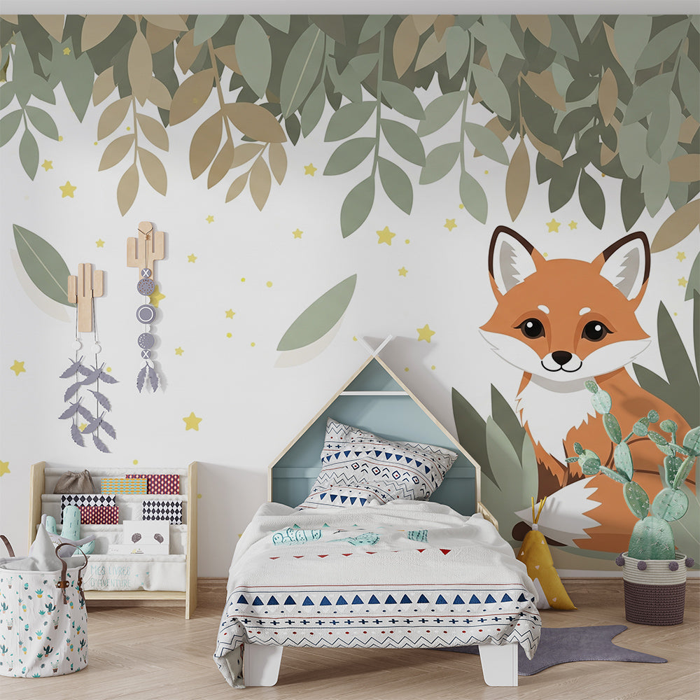 Kids-Mundo woodland fox mural bringing a calm, sheltered feel to a bright playroom wall.