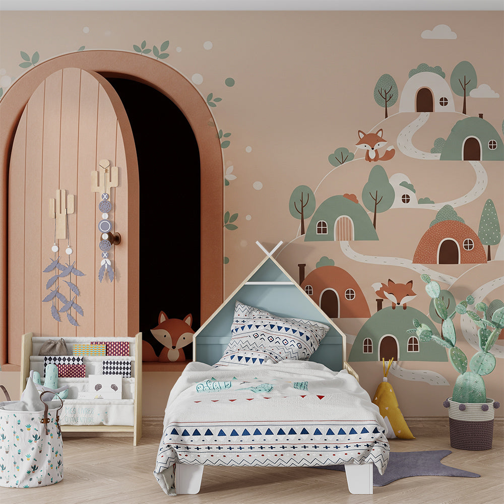 Kids-Mundo hillside fox village mural styled on a wall in a cosy kids bedroom