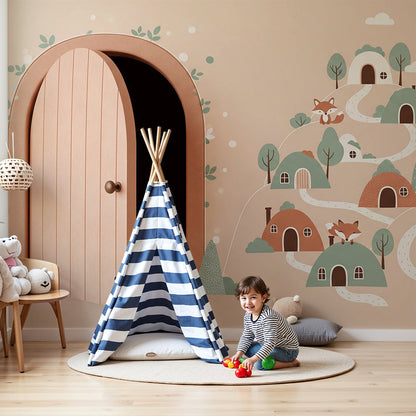 Kids-Mundo fox village wall mural with a peeking fox door installed as a feature wall in a nursery