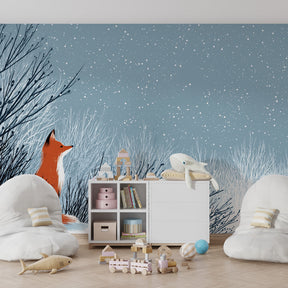 Winter fox wallpaper with snowy landscape decorating cozy children's bedroom interior