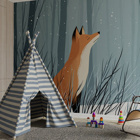 Winter fox wallpaper with falling snow design transforming children's bedroom into woodland retreat