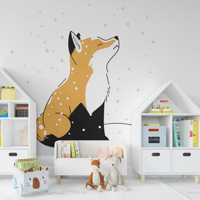 Winter fox wallpaper creating peaceful kids bedroom atmosphere with natural wood furniture