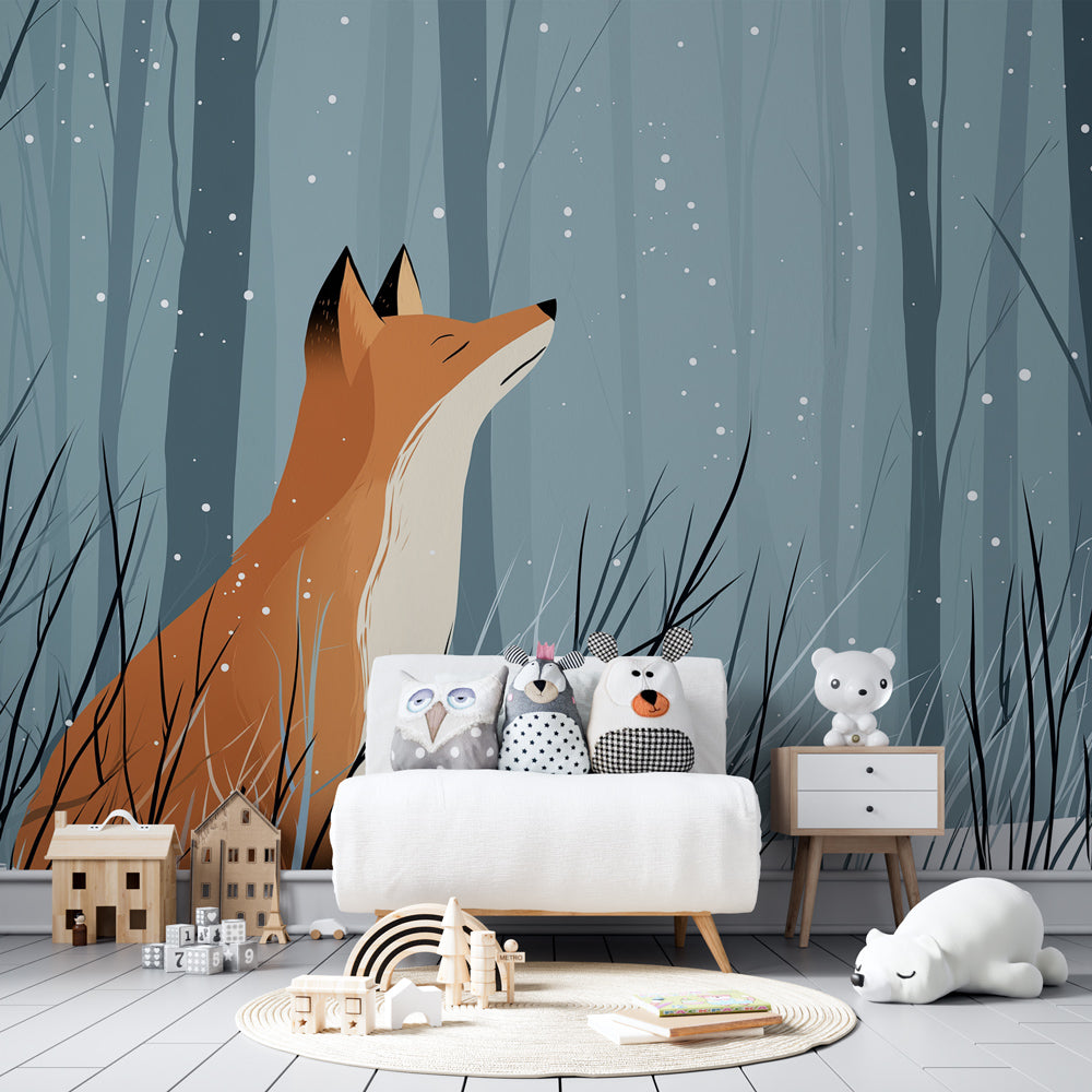 Snowy forest fox mural wallpaper paired with natural wood furniture in peaceful kids room setting