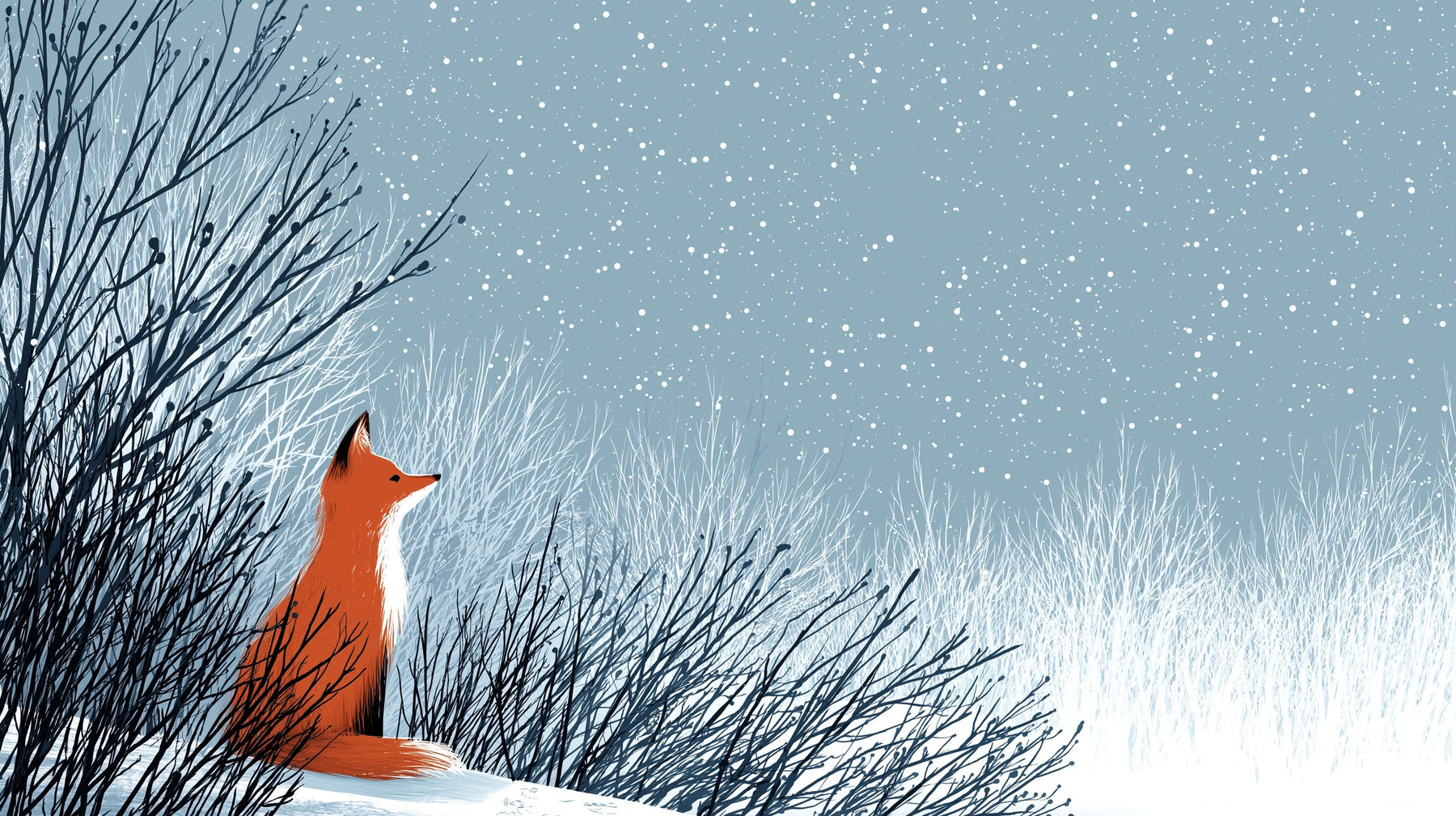 Detailed fox winter mural wallpaper design pattern showing orange fox in snowy forest by Kids-Mundo
